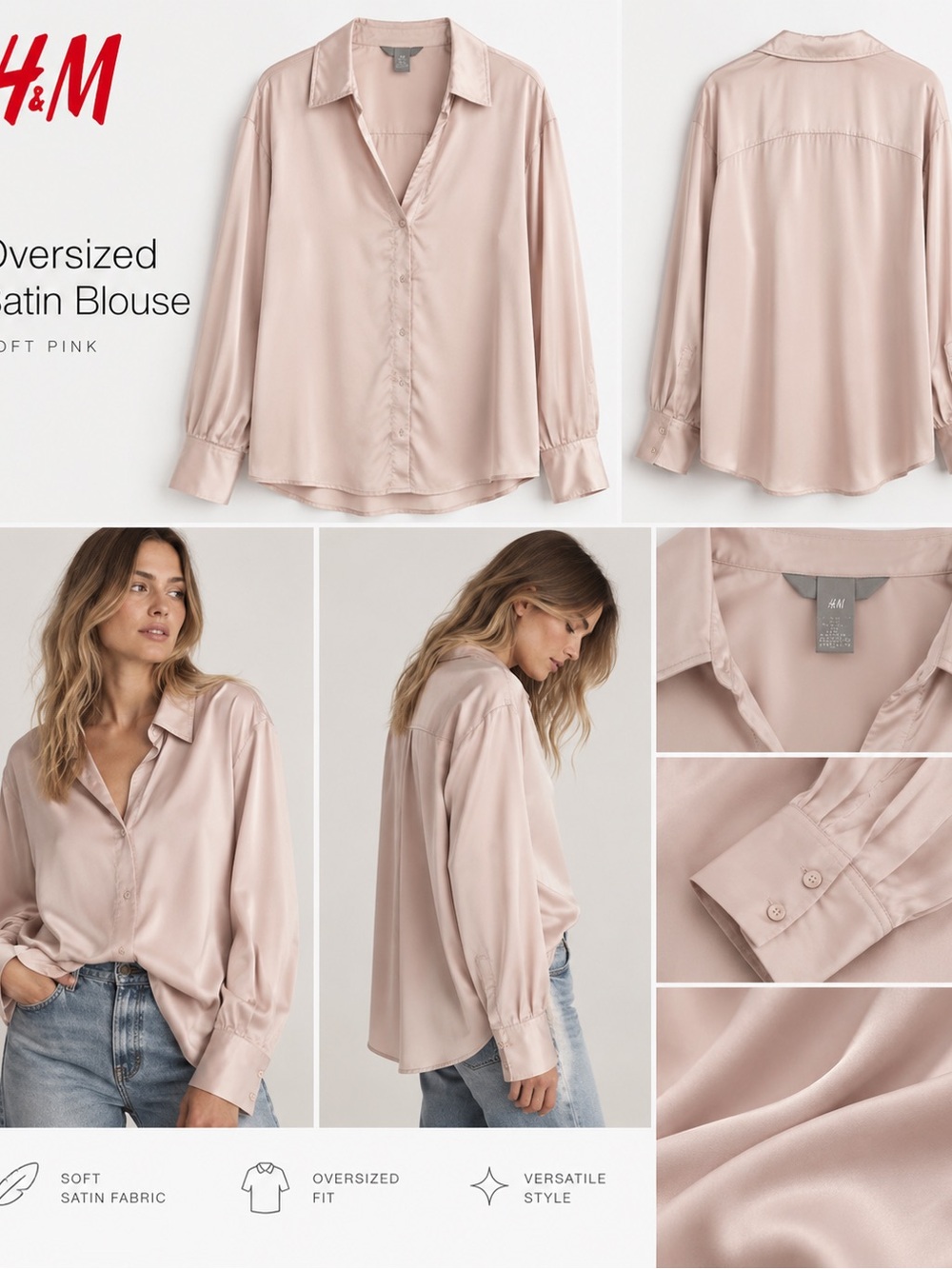 H&M Blush Satin Oversized Button-Up Blouse